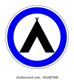 
Sign place for camp. Camping icon. Flat symbol for tourists. Modern art scoreboard. Campsite graphic image. Plane mark in blue circle on white background. Stock vector illustration