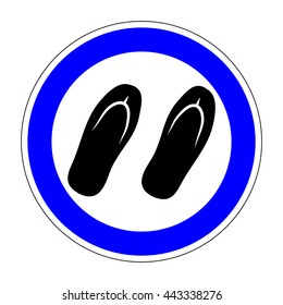 Sign place for sandals. Flat symbol of step-ins for visitors. Modern art scoreboard. Allowed graphic image. Plane slipper mark in blue circle on white background. Stock vector illustration
