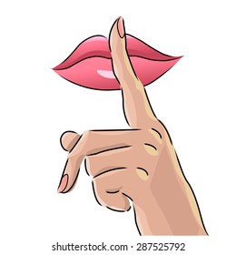 Sign "Please, keep quiet" with mouth and a hand on white background.