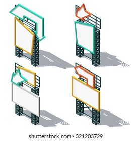 Sign a pointer. Set of 4 billboards ready for design in isometric view with realistic shadow. Roadside signs. Arrows and billboards. Sign a pointer . Billboard isometric. Signs and markers with shadow