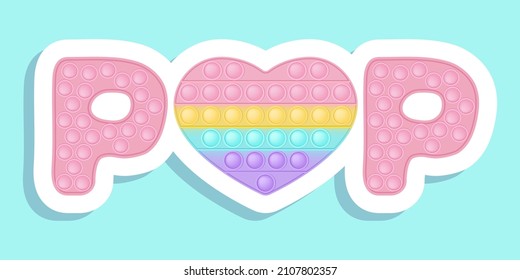 Sign of POP love and heart icon symbol of Valentines Day in the style of pop it fashionable silicon fidget toys. The figure of hearts is pink in color. Vector banner on blue.