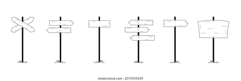 Sign post arrows line concept. Wooden boards and arrows for roads and highway. Place for text. Blank and empty plates. Linear flat vector collection isolated on white background