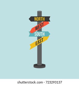 Sign post for direction of north, south, east, west, flat design icon