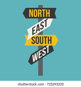 Sign post for direction of north, south, east, west, flat design icon