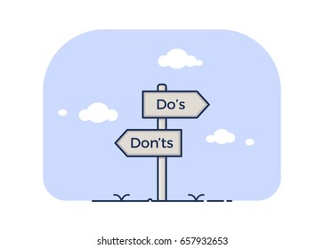 Sign post indicating Do's vs Don'ts. Vector illustration
