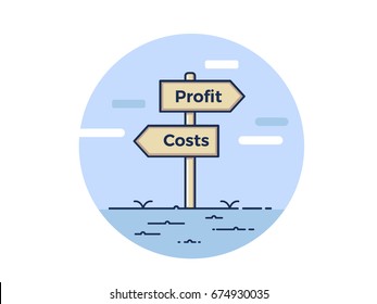 Sign post pointing towards costs vs profits. Vector business concept illustration