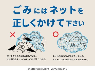Sign poster for correct usage of garbage collection net with text Please cover waste properly to prevent crows.
Meaning of the Japanese text below:
Please cover garbage properly with this mesh.
Waste is sticking out from underneath.
Gaps allow crows to get inside.
All items are completely protected by the cover.
There are no spaces where birds can enter.