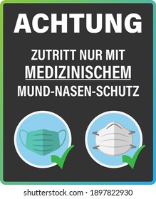 Zeichen oder Plakat mit dem Text ZUTRITT NUR MIT MEDIZINISCHEM MUND-NASEN-SCHUTZ, Deutsch für den ZUGANG MIT MEDIZINISCHEM FACE-MASK NUR Vektorgrafik