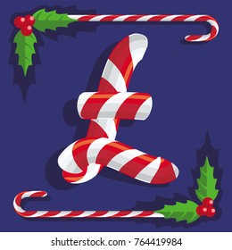 Sign of pound sterling of red and white sweets sweet candy cane on blue background, illustration, vector