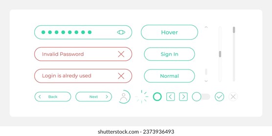 Sign in process UI elements kit. Website account isolated vector components. Flat navigation menus and interface buttons template. Web design widget collection for mobile application with light theme