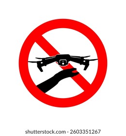 Sign prohibited from operating, flying drones in an area. Cross. red, fine, prohibited area, camera, video, remote, hand, landing, flying. Vector