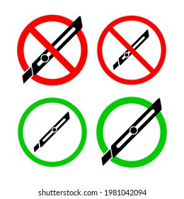 sign prohibiting and allowing the use of a clerical knife. Concept of packaging or parcel cutting 