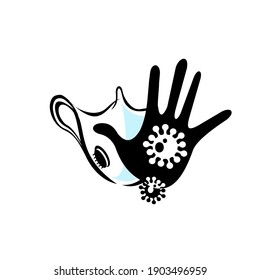 A sign prohibiting being in the room without a medical mask. The hand repels viruses. Vector illustration, logo.