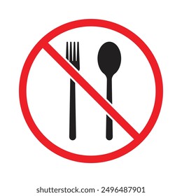 The sign prohibiting consumption. Do not eat, not a food product. Spoon and fork with red warning sign.