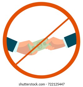 a sign prohibiting corruption, hands transfer money