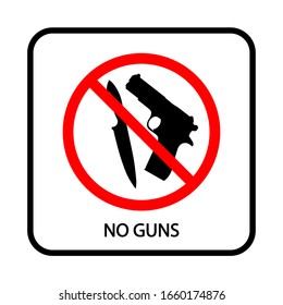 Cartel que prohíbe las armas. Imagen vectorial. Se puede usar para lugares públicos. Establecer: cuchillo, pistola