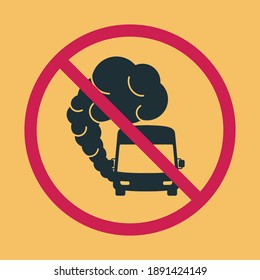 Sign prohibiting hazardous exhaust fumes. Bus icon with exhaust gases. Exhaust gases from buses. Environmental pollution. Smog. Parking prohibition sign when the engine is running.