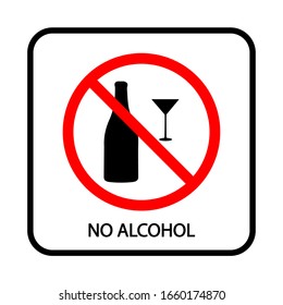Signo que prohíbe el uso de alcohol. Imagen vectorial. Se puede usar para lugares públicos. Establecer: una botella de vino, un vaso