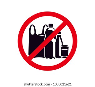 Sign prohibiting the use of plastic containers, packages, bottles, dishes. Red crossed circle. Vector isolated.