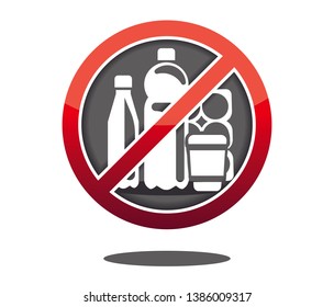 Sign prohibiting the use of plastic containers, packages, bottles, dishes. Red crossed circle. Vector isolated.