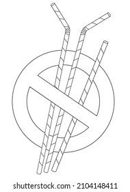 Sign prohibiting the use of plastic drinking straws - vector linear illustration for coloring. Outline. Crossed Drink Straws - Eco Label. No plastic