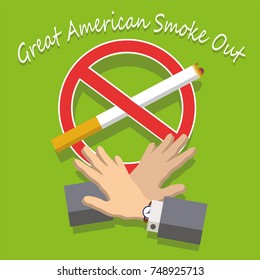 The Sign of the Prohibition of Cigarettes and Two Crossed Hands, as a symbol of the Refusal of Smoking. Vector illustration
