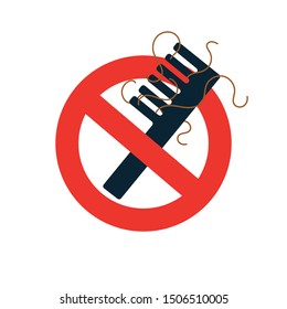 A sign of prohibition on a comb with lost hair. Vector on white background