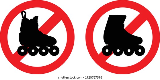 Sign prohibits entry and roller skating. Silhouette on a crossed round background. Warning. Vector illustration.