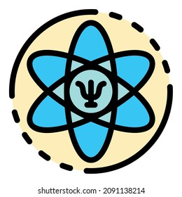 Sign of psychology in the atom icon. Outline sign of psychology in the atom vector icon color flat isolated