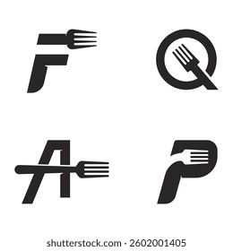sign of q, f, a, p letter combined with fork logo vector icon illustration design.