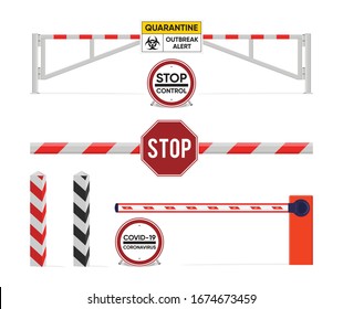 Sign of quarantine. Closed the barrier. The prevention of the epidemic quarantine. Coronavirus disease. COVID-2019 alert sign. Vector illustration.