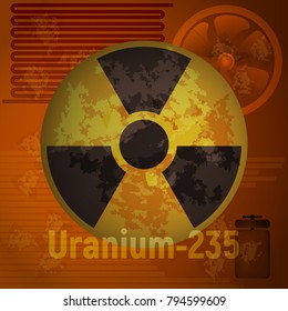 Sign of radiation. Uranium 235. Orange abstract background. Vector illustration. Toxic waste.