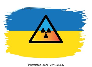 Sign of the radioactive zone on the background of the Ukrainian flag. Flat vector illustration of a sign warning about ionizing radiation of radioactive waste against the background of the flag of Ukr