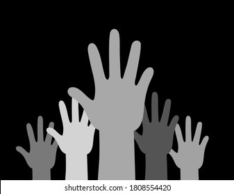 sign raised hands monochrome.raised hands.black lives matter poster or banner. silhouette isolated.Hands Raised Up - symbol of freedom the choice, fun. gray hands up