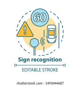 Sign recognition concept icon. Traffic signs detection. Smart car on road. Sensor technologies for safe driving idea thin line illustration. Vector isolated outline drawing. Editable stroke