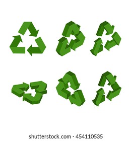 Sign Recycling isometrics. Set green triangular arrow. conversion Icon 3D. processing symbol