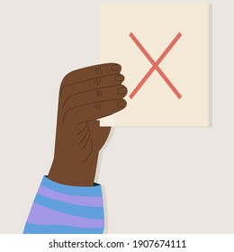 A sign with a red cross in a human hand, the hand of an African American holding a sign. Vector flat trend illustration