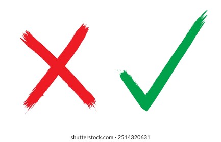 Firme la cruz roja y la garrapata, marcando los símbolos del dibujo de la mano, en el fondo blanco. Vector.