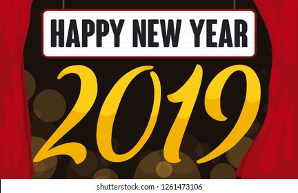 Sign and red curtain wide open welcoming the New Year 2019 in a special gala night.