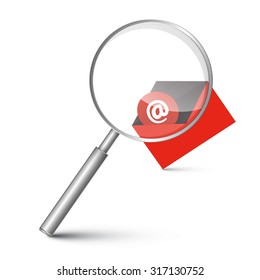 At Sign in Red Envelope - Email Icon with Magnifying Glass Vector Illustration