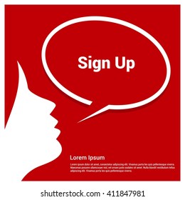 sign up red speech bubble with women