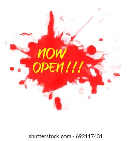 Sign with Red Splash Effect : Now Open, for Your Element Design, at Transparent Effect Background
