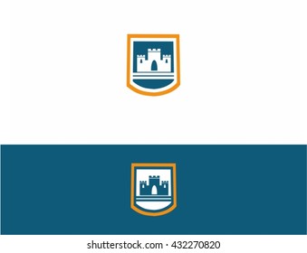 Sign in the reflection of the fortress in the shape of a shield. Logo suitable for companies engaged in real estate or any residential complex.