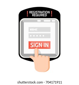 Sign in / registration required sign on tablet device screen for web site, mobile app, infographics. Finger touch sign in button