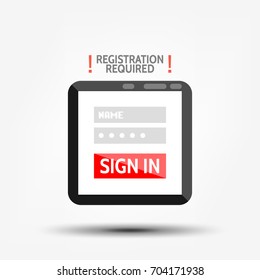 Sign in / registration required sign on tablet device screen for web site, mobile app, infographics