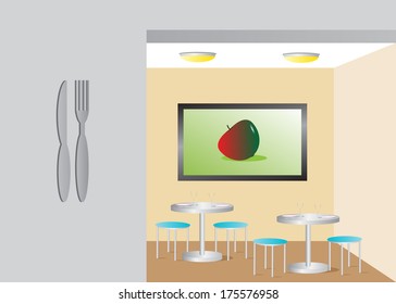 Sign restaurant. Entrance to restaurant and interior design, chairs, tables and TV.
