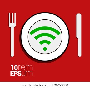Sign for restaurant with wireless network. Knife and fork above plant on red background. Vector illustration.