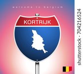 An Sign Road America Style with state of Belgium with pink background and message, Kortrijk and map, vector art image illustration