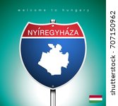 An Sign Road America Style with state of Hungary with green background and message, nyiregyhaza and map, vector art image illustration