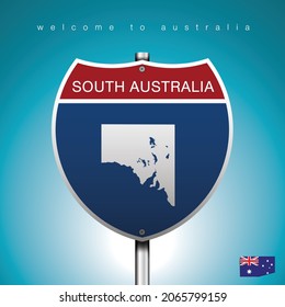 Sign Road America Style with state of Australia with Blue background and message, SOUTH AUSTRALIA and map, vector art image illustration